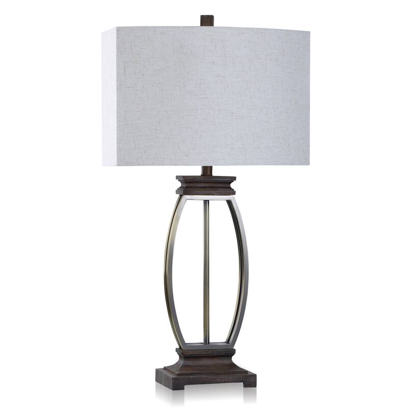 Logan - Mid Century Modern Table Lamp With Metal Material Structure - Heathered White & Off-White Shade - Halen Platinum