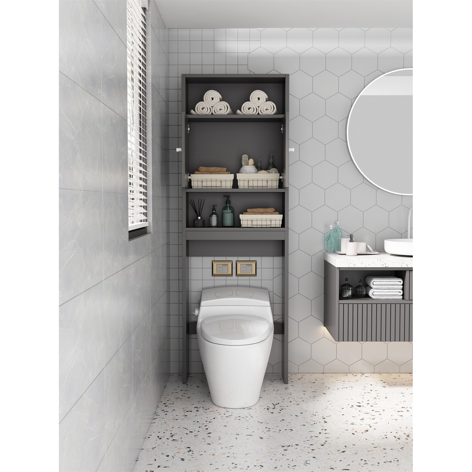 Bathroom Shelf Accent Cabinet Toilet Standing Cabinet with 2 Door, Gap Storage Rack Side Storage Organizer Paper Holder - Gray