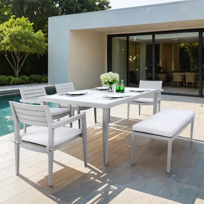 GDFStudio - Matte White & Grayish 6-Piece Patio Aluminum Dining Set with Sunbrella Cushions
