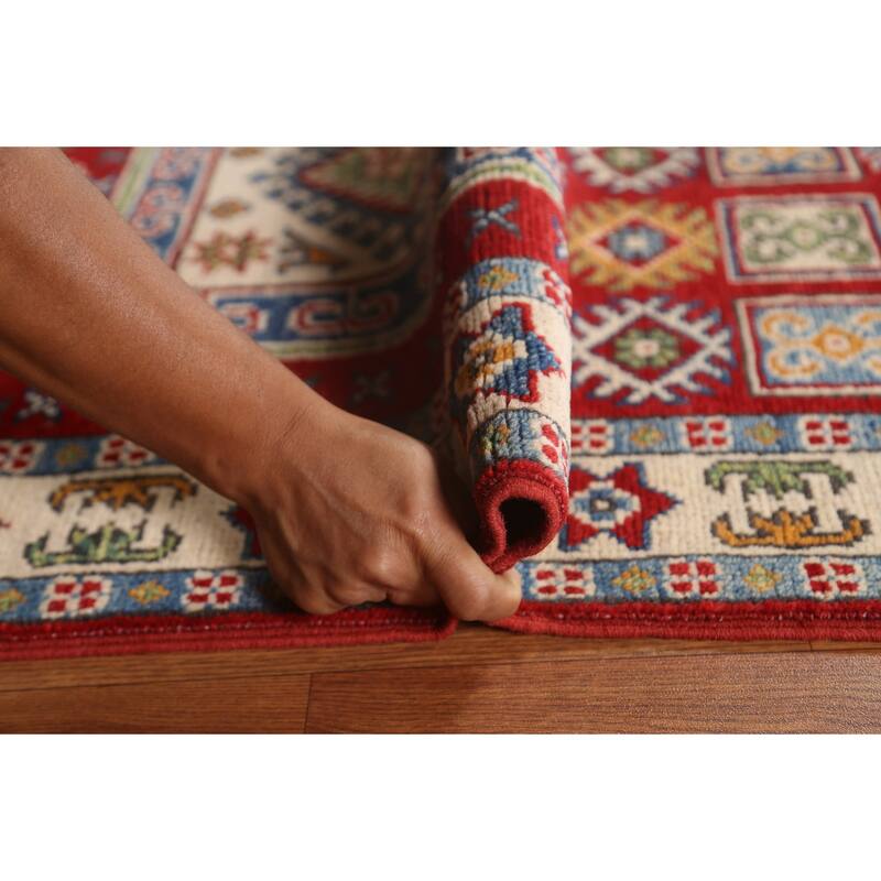 Red Traditional Geometric Kazak Oriental Wool Runner Rug Hand-knotted - 2'9" x 9'9"