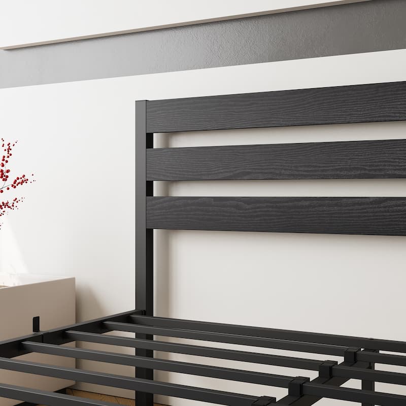 Platform Bed Frame with Wooden Headboard, Under Bed Storage, Non-Slip - Black