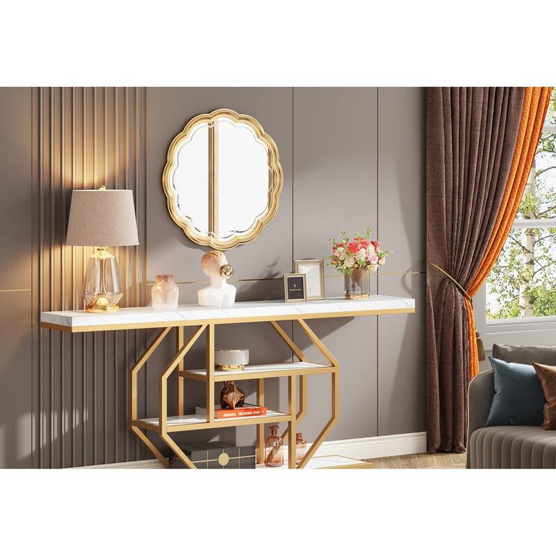 70.9"Extra Long Console Table,Modern Gold Sofa Table Behind Couch with 4-Tier Storage,Faux Marble White Entryway Accent Table
