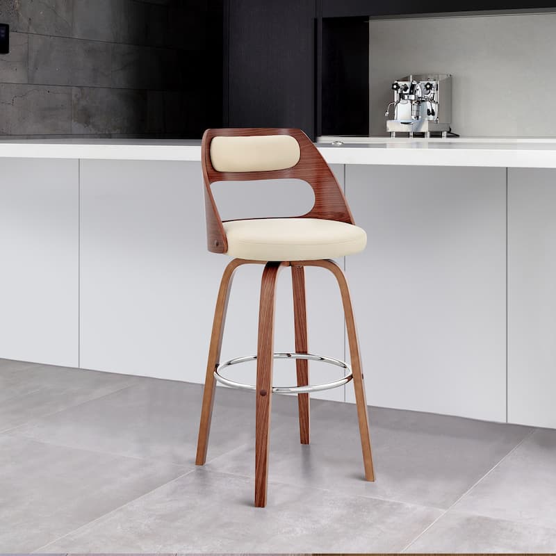 Julius Mid-Century Swivel Faux Leather and Wood Counter or Bar Stool - Cream and Walnut - Counter Height