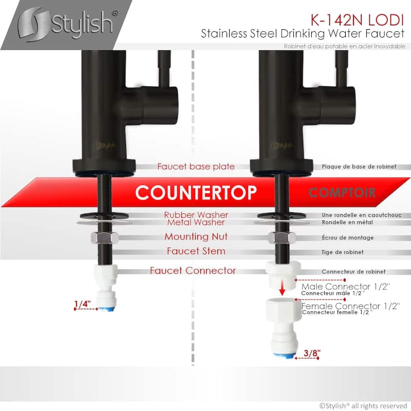 STYLISH Kitchen Sink Drinking Water Faucet, Commercial Water Filtration Faucet, Stainless Steel, Contemporary Style High-Spout