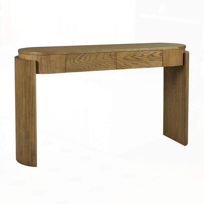 Oval Top and 2 Drawers Entryway Table with Natural Wood Grain Finish