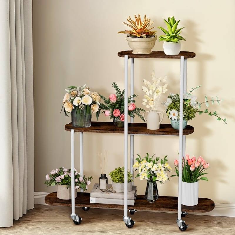 Corner Plant Stand Indoor 3 Tiered Plant Shelf Flower Stand with Wheels for Living Room Patio Balcony Garden