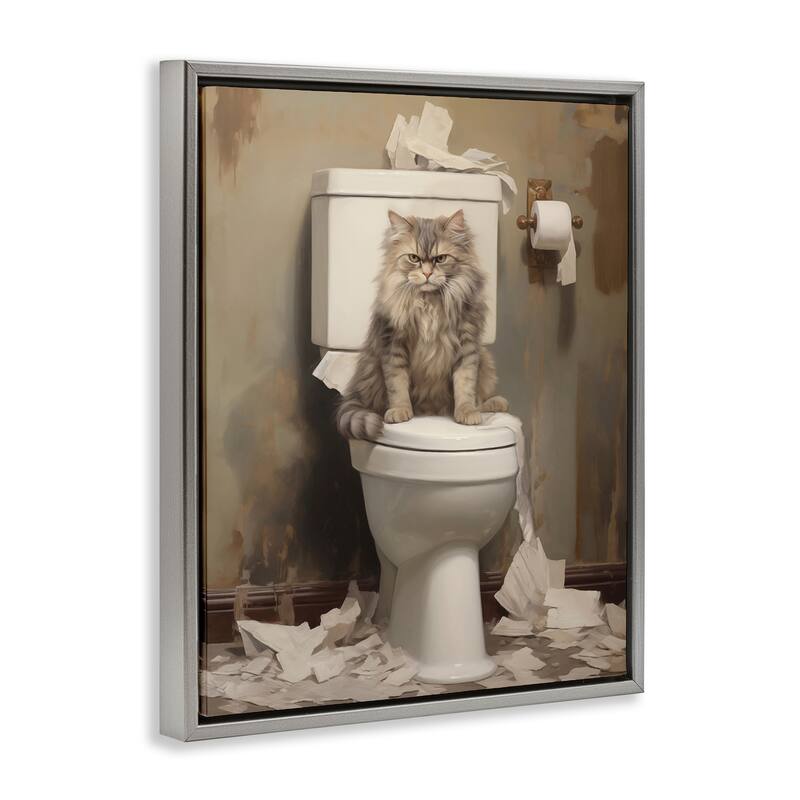 Stupell Cat & Torn Toilet Paper Framed Floater Canvas Wall Art Design By Arlington Prints