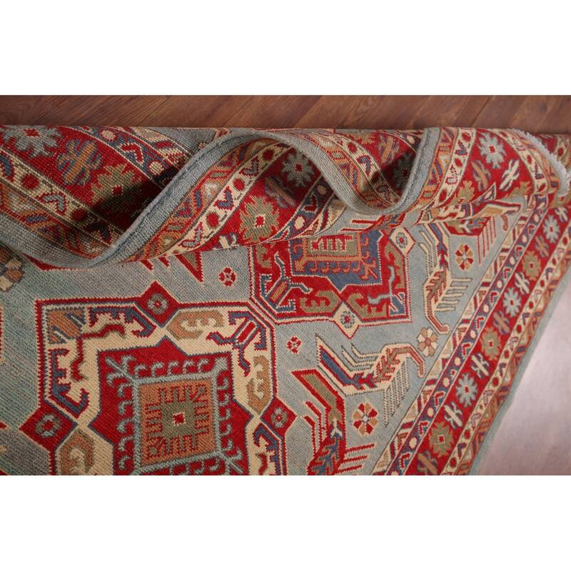 Hand Knotted Oriental 100% Wool Carpet Traditional Geometric Navy Blue & Blues Kazak Area Rug - 5' 10'' X 4' 0''