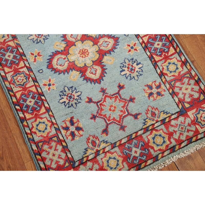 Light Blue Geometric Kazak Oriental Foyer Rug Hand-Knotted Wool Carpet - 2'0" x 3'0"