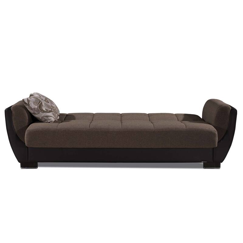 HomeRoots 93" Brown Chenille And Faux Leather Convertible Futon Sleeper Sofa And Toss Pillows With Storage