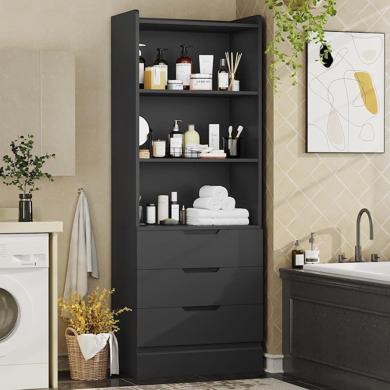 Kitchen Storage Cabinet Bookcase 3 Drawers Open Shelves - Black