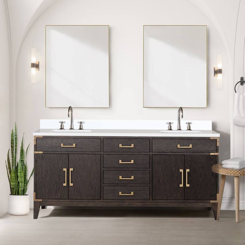 Laurel 60 in W x 22 in D Black Oak Double Bath Vanity, White Quartz Top, Faucet Set, and 28 in Mirrors