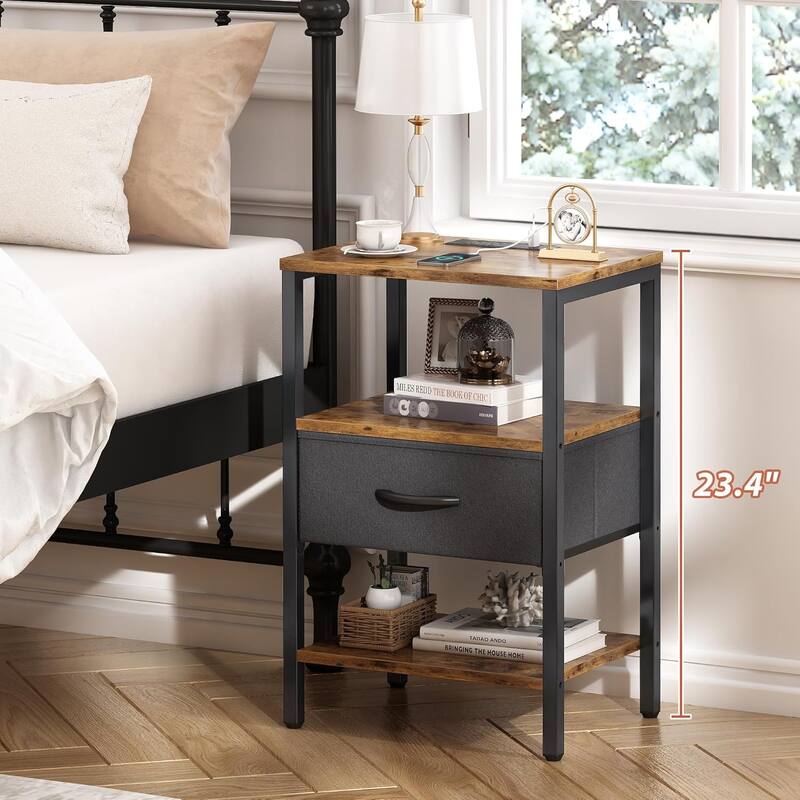 Nightstand Set of 2 Or 1 with Charging Station and USB Ports, Storage End Table with Fabric Drawer, Night Stand for Small Spaces