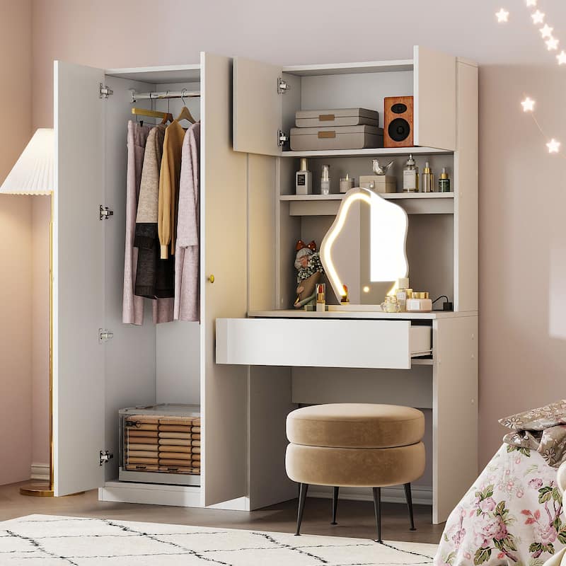 Roomfitters 2-Door Wooden Vanity Wardrobe with Makeup Mirror, Storage Shelves and Drawers