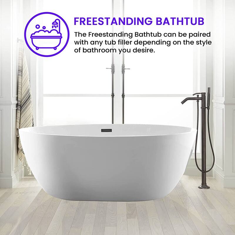 Vanity Art 69" Freestanding Acrylic Soaking Bathtub with Slotted Overflow & Pop-up Drain