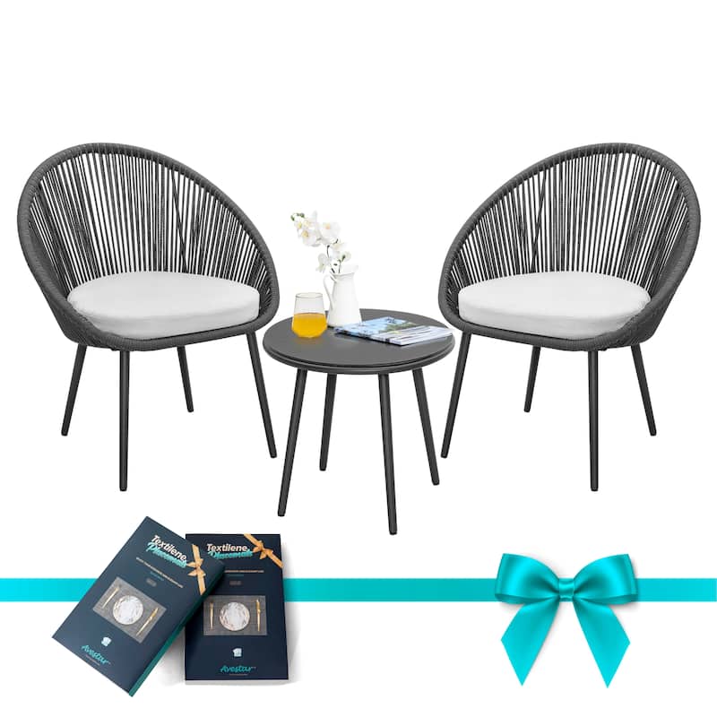 Outdoor 3 Pieces Patio Woven Rope Bistro Set with Cushions