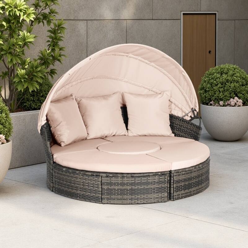 5-Piece Round Wicker Patio Daybed Set with Retractable Canopy, Cushioned Sofa and Ottomans, Hidden Coffee Table - Beige