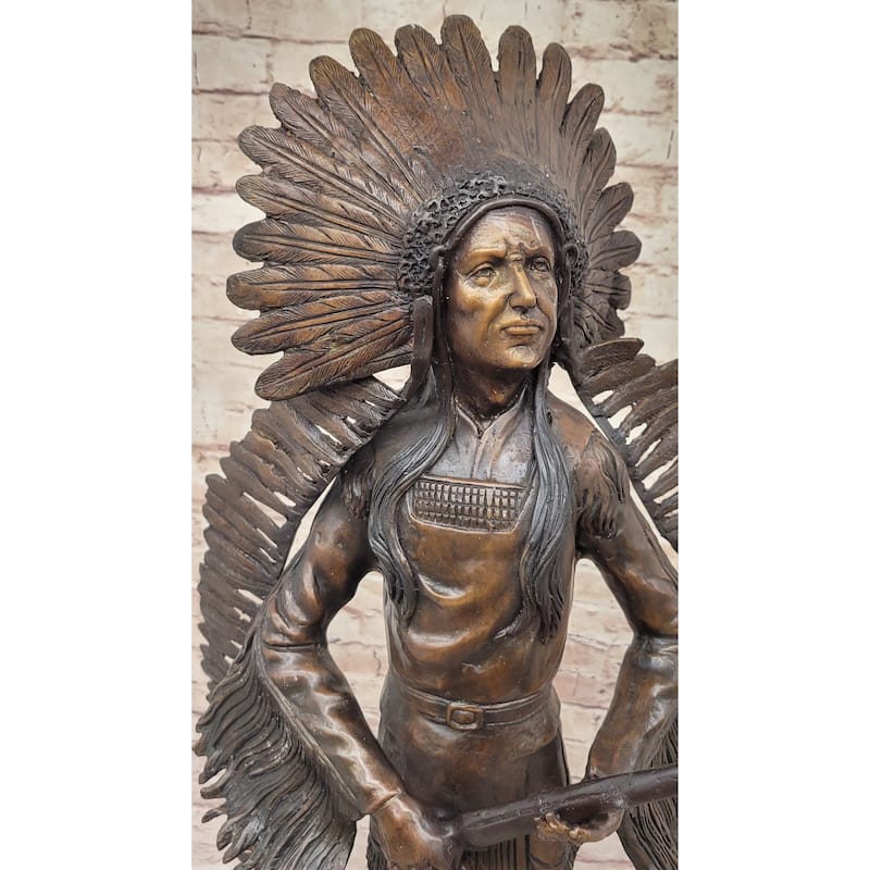 Native American Indian Warrior W/ Rifle Bronze Statue Sculpture Western Decor