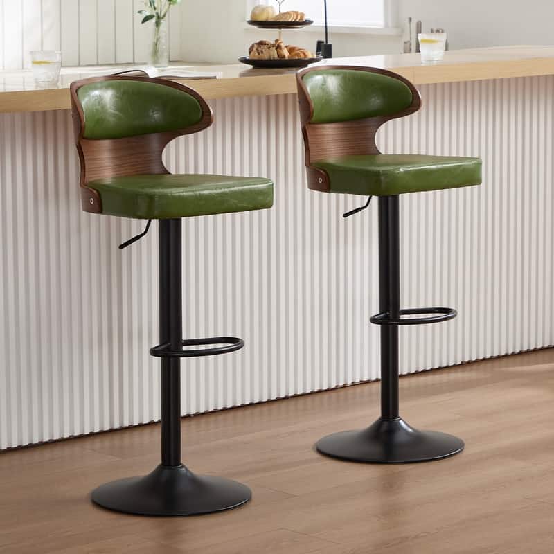 PU Leather Upholstered Curved Backrest 360° Swivel Adjustable Height Bar Stools with Footrest(set of 2)
