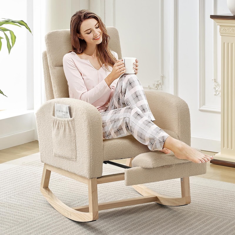 Rocking Chair with Footrest for Nursery, Modern PU Upholstered Glider Accent Armchair with High Backrest - Beige