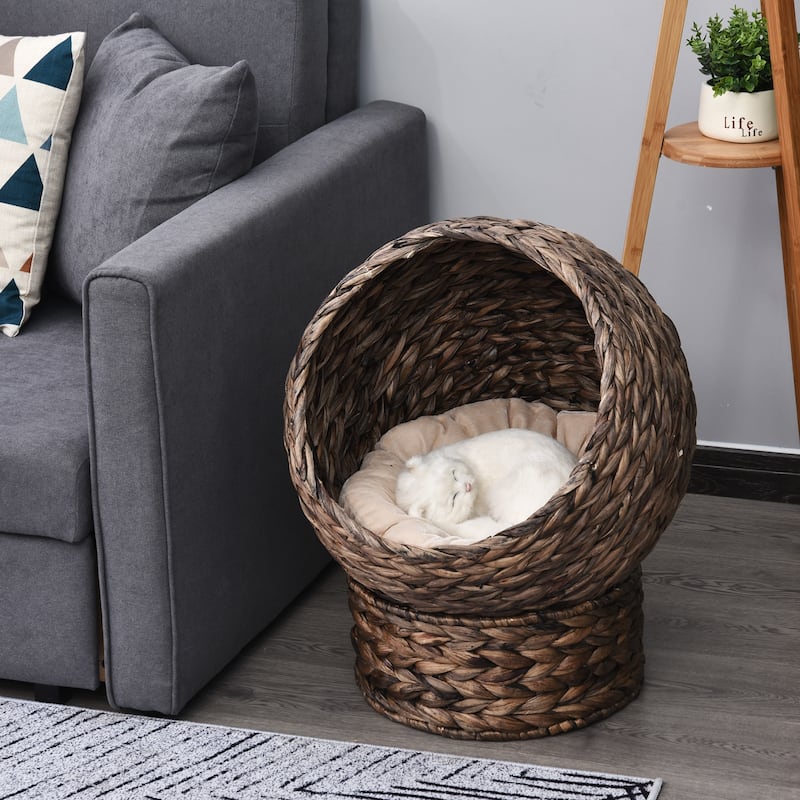 PawHut Cat Braided Banana Leaf House Enclosure, Designed for Indoors and Includes Super Soft Cotton Bed, 23.5" H, Grey