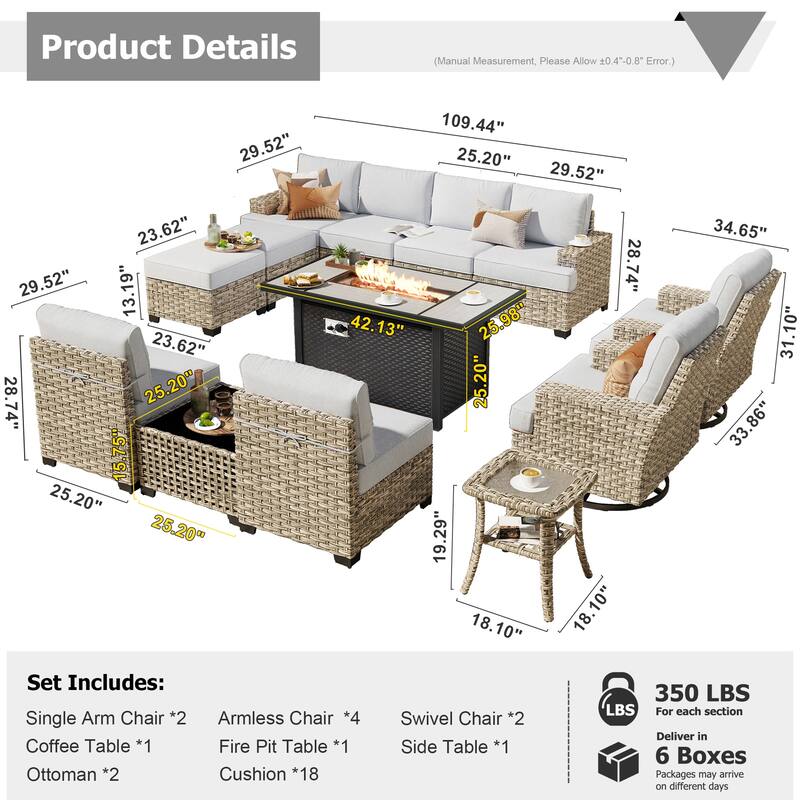 HOOOWOOO 13-piece Outdoor Sofa Patio Wicker Swivel Chair Set with 42" Fire Pit