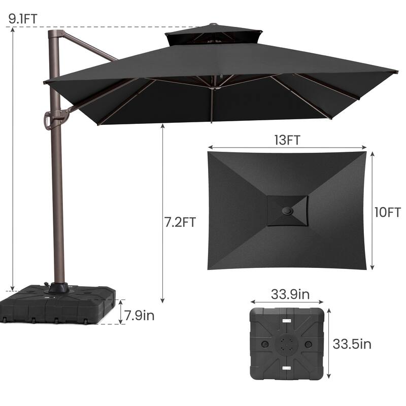 10X12.5 FT Outdoor Patio Dual Top Offset Umbrella 360 degrees Rotation with Weighted Base