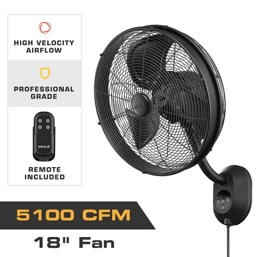 18" Mule Matte Black Outdoor Wet-Rated Oscillating Wall Fan with Remote, 3-Speed AC Motor - 18 Inches