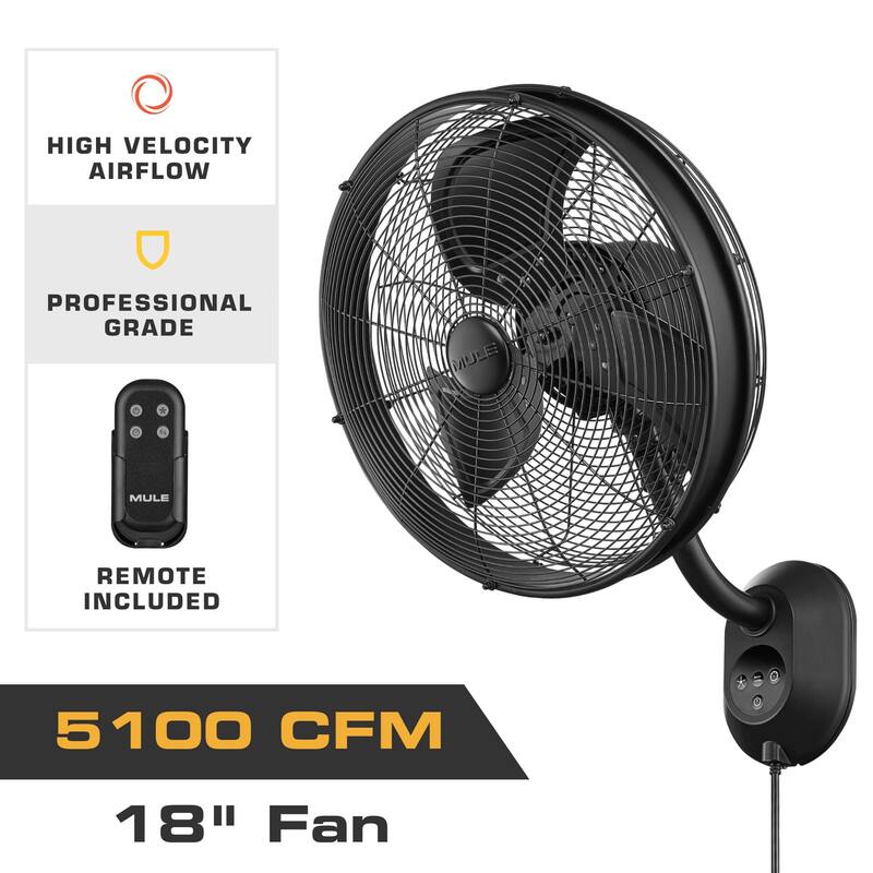 18" Mule Matte Black Outdoor Wet-Rated Oscillating Wall Fan with Remote, 3-Speed AC Motor - 18 Inches - Black - 18 Inches