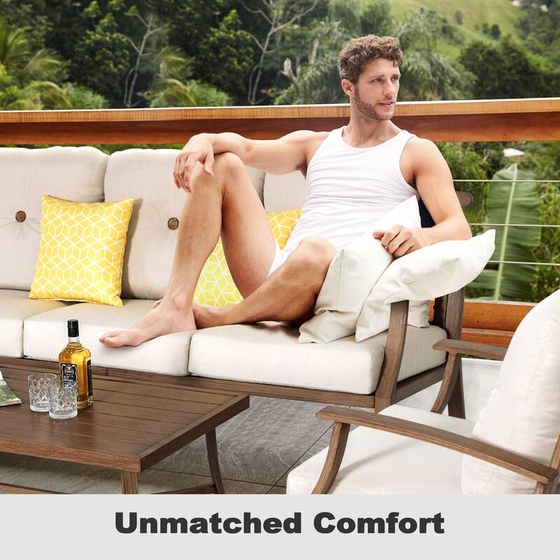 4-Piece Patio Conversation Set with Cushions, Aluminum Frame, Beige