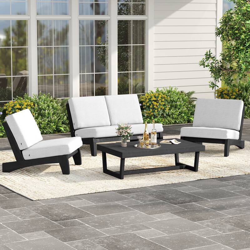 4Piece Wood Outdoor Loveseat Chair Conversation Set with Table Cushion