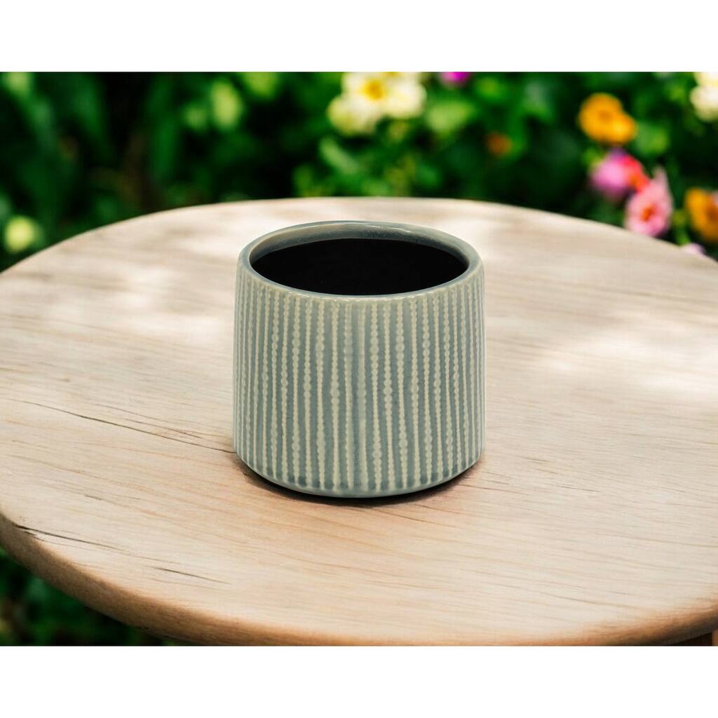 HomeRoots 6" Green Striped Ceramic Indoor Outdoor Round Pot Planter