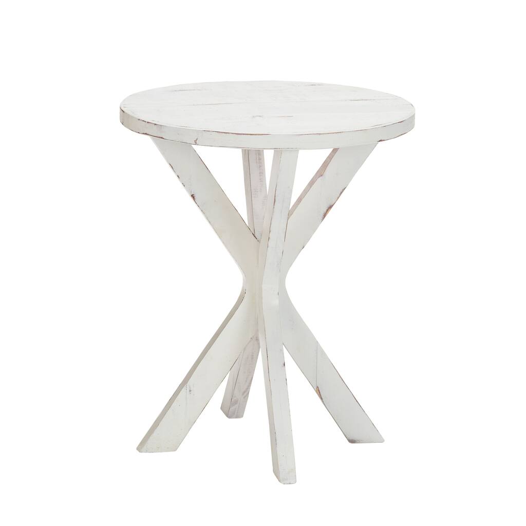 Luxury Living Furniture Solid Wood Loft Round Side Table, White DIstressed End Table for Bedroom, Sofa, Living Room, and Hallway