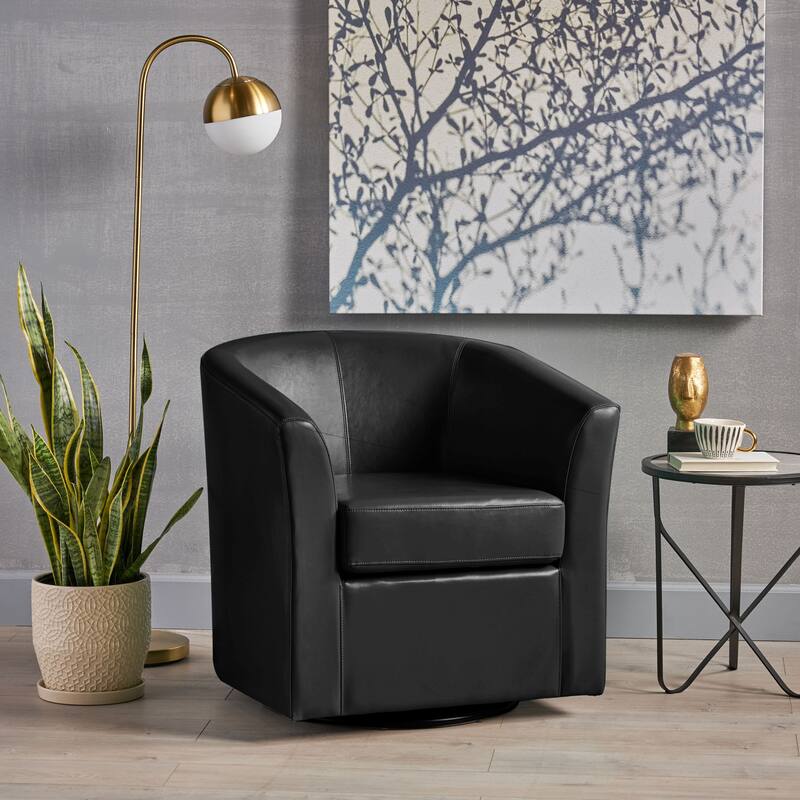 Roomfitters Modern Swivel Club Chair, Faux Leather Accent Armchair with Curved Back and Cushioned Seat for Living Spaces