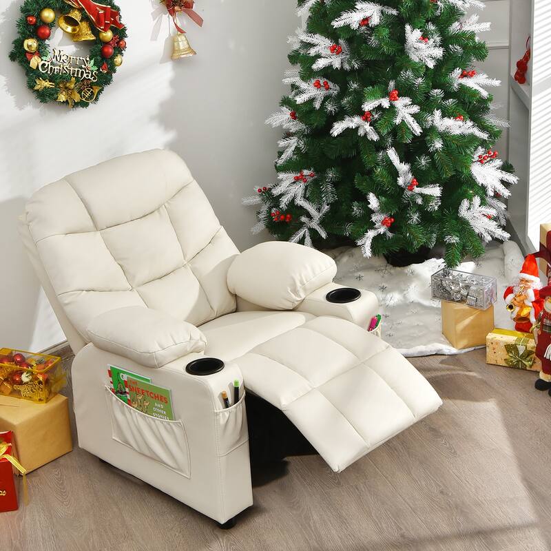 Costway Kids Youth Recliner Chair PU Leather w/Cup Holders & Side