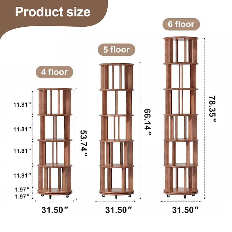 100%Solid Wood Rotating Bookshelf on Wheels,5 Tier, Round Revolving Bookcase, 360°Spinning Book Shelf Tower, Narrow Bookshelves