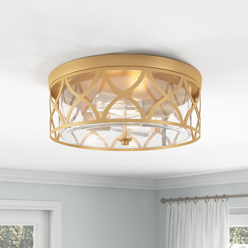 Modern Gold 2-Light Flush Mount Ceiling Light Fixture with Clear Seeded Glass - Gold