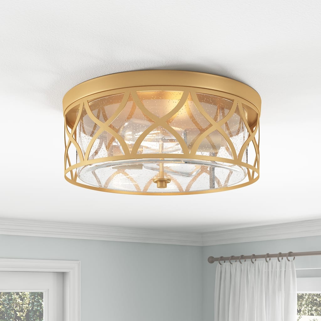 Modern Gold 2-Light Flush Mount Ceiling Light Fixture with Clear Seeded Glass
