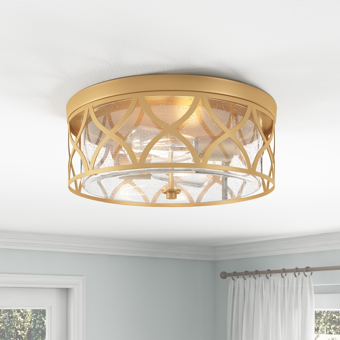 Modern Gold 2-Light Flush Mount Ceiling Light Fixture with Clear Seeded Glass