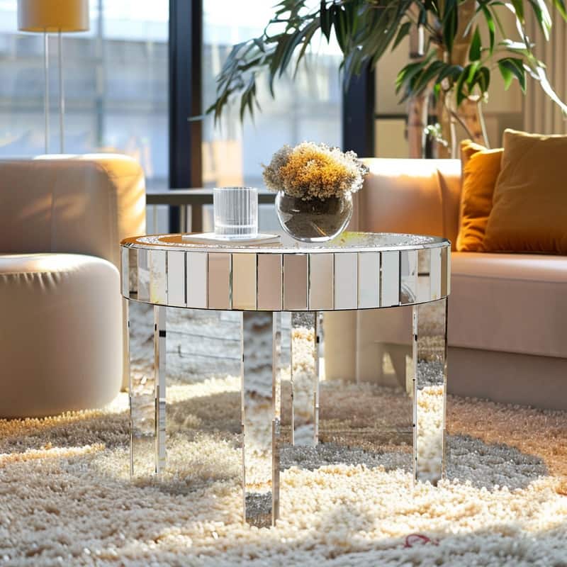 Silver Crushed Crystal Side Coffee Table Crystals Inlay Mirrored Table - 24"x20"