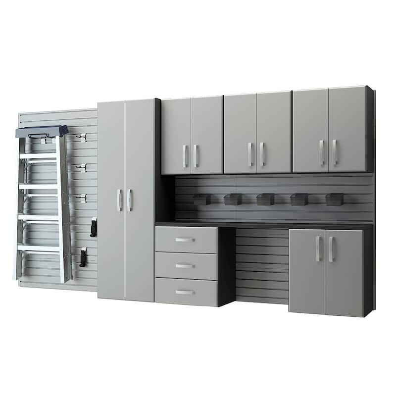 Flow Wall 24 Piece PVC Indoor Deluxe Cabinet Storage Set - Silver Slatwall / Graphite Carbon Cabinets