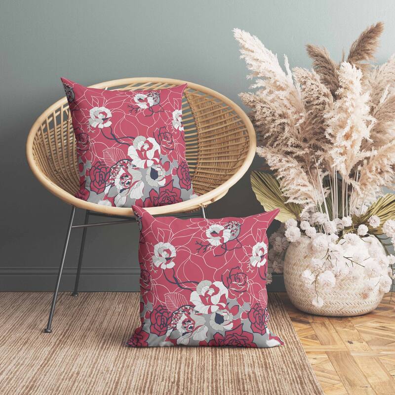 Regal Rose Retreat Indoor/Outdoor Reversible Throw Pillow Red and Silver