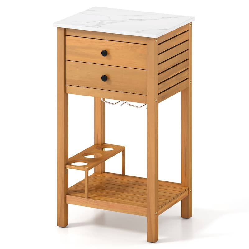 Natural Acacia Wood Resin Outdoor Buffet Cabinet with Faux Marble Top and Storage - 20" x 16" x 36"