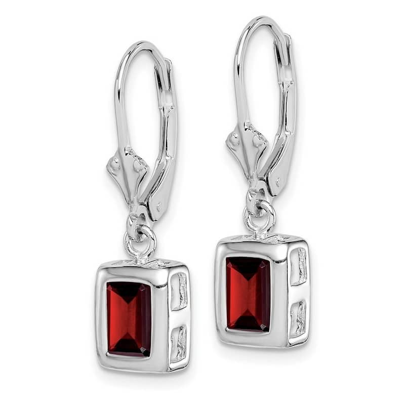 Curata 925 Sterling Silver Bezel 7x5mm Emerald Cut Garnet Leverback Earrings 26x7mm