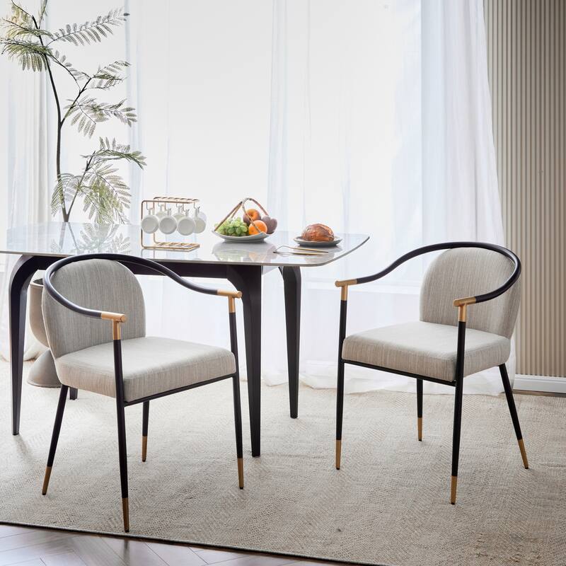 Roomfitters Modern Upholstered Dining Chair with Metal Frame, Elegant Curved Arm Design, Comfortable Accent Seating - Beige+Black