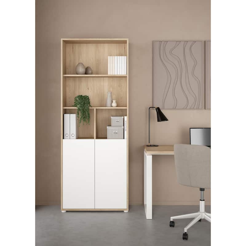 Carson Carrington Sign 6 Shelf Bookcase with 2 Doors, Home Office Storage - 13.5"D x 31.34"W x 80.59"H