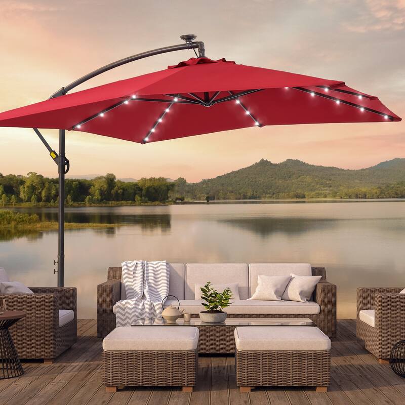 BONOSUKI Patio 8.2Ft LED Offset Umbrella,8 Steel Ribs w/Cross Base - Red