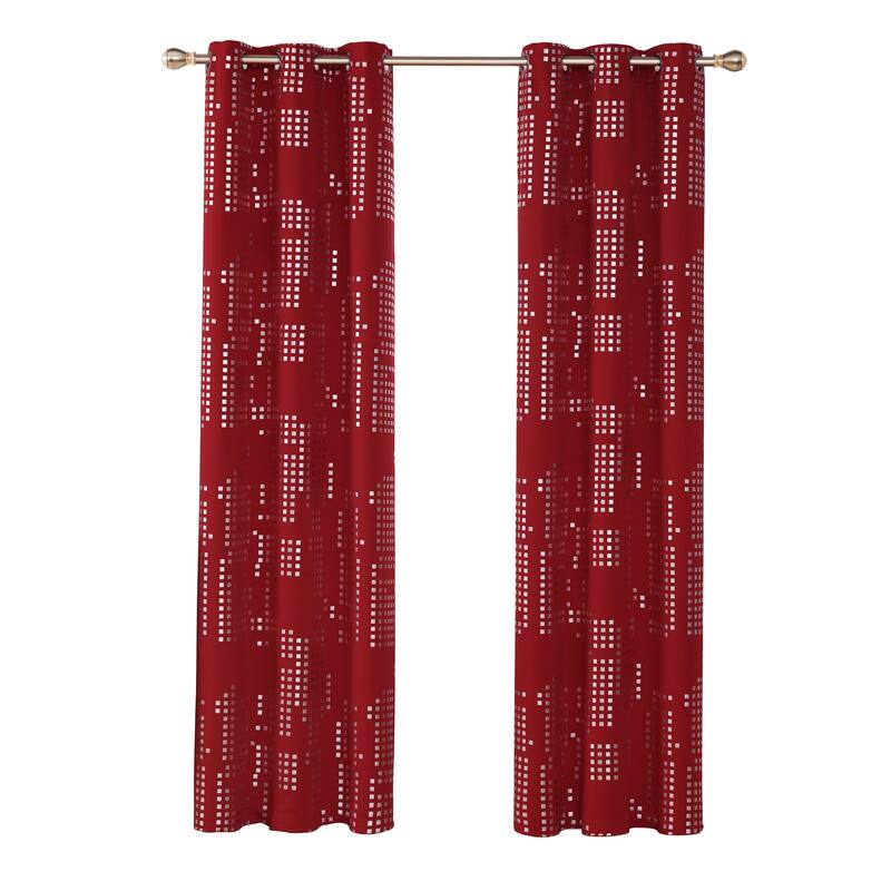 Room Darkening Silver Foil Pattern Grommet Curtains 2 Panels - 38 x 72 Inch - Red