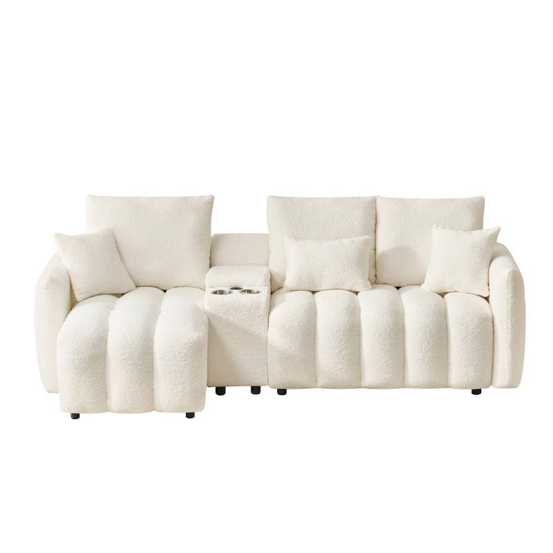 92" High-quality Teddy Fabric Corner Sofa with USB port, Center Console and Coffee Table