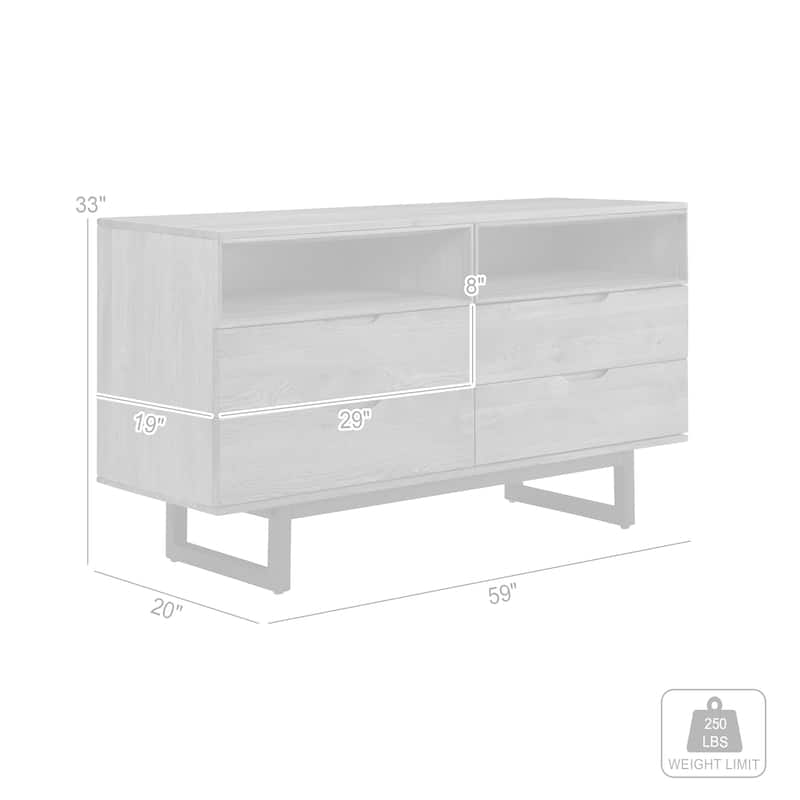 Aldo Solid Oak Wood 4 Drawer Dresser with Open Shelves 59" x 20" x 33"